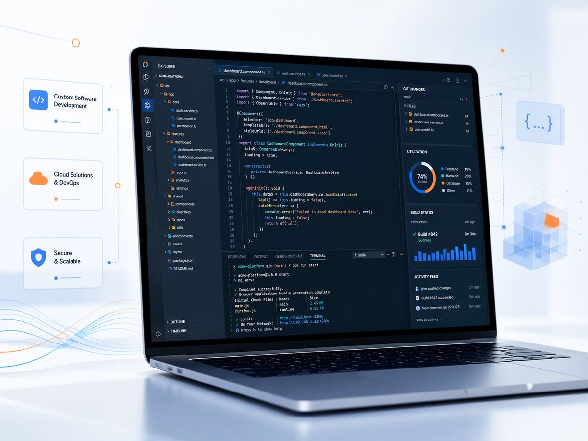 A development workspace showing application code alongside a project dashboard